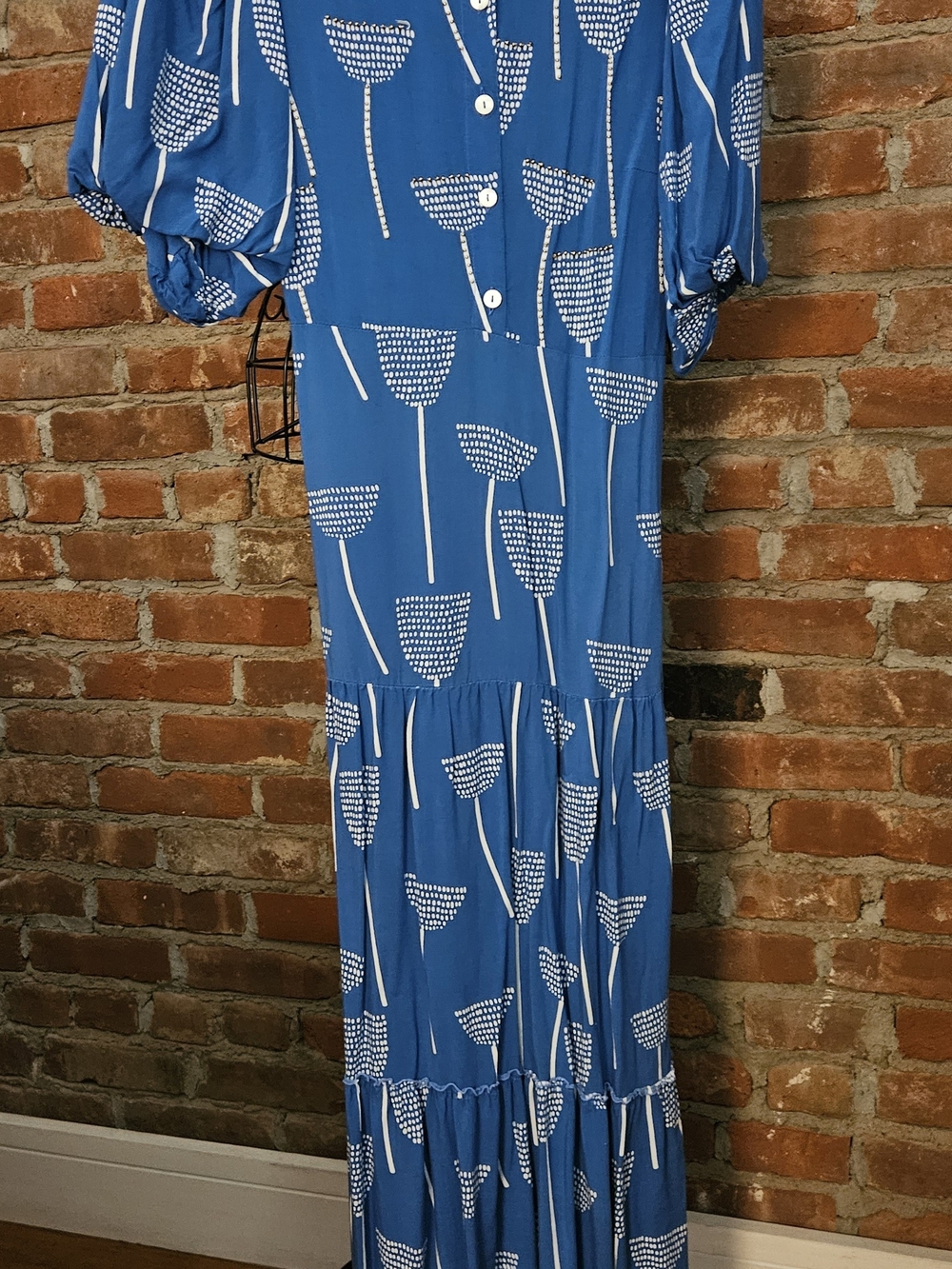 Blue Printed Tiered Maxi Dress -with Beaded Bodice Relaxed Puff Sleeve Style